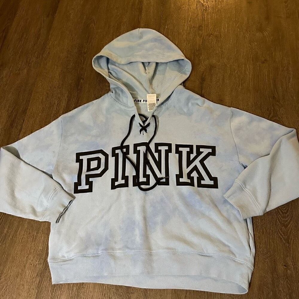 PINK by Victorias Secret Womens Cropped Blue Tyr Dye Lace Up Hoodie Sweater Sz L